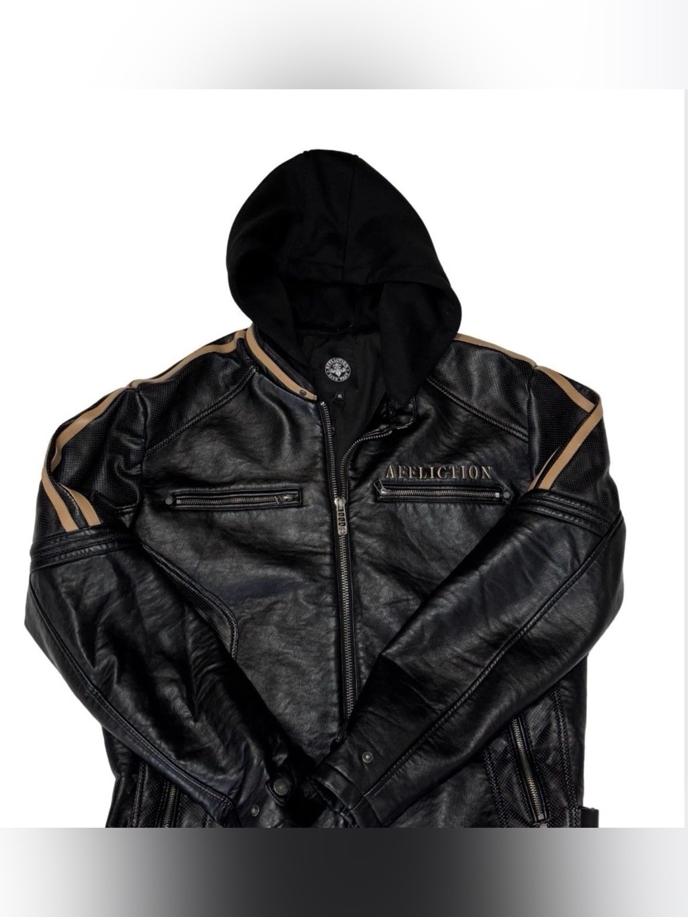 affliction hooded apache motorcycle leather jacket sz m